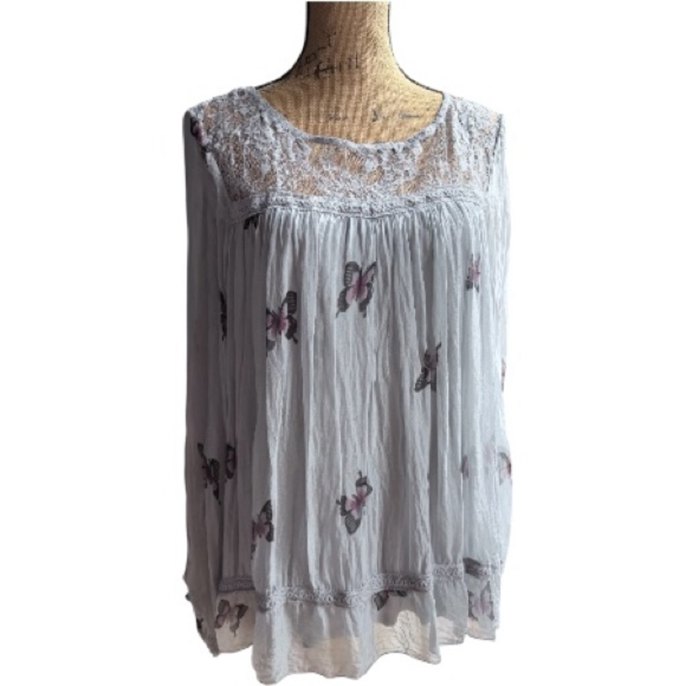 Battery silk blouse with Lace Trim long sleeve made in Italy